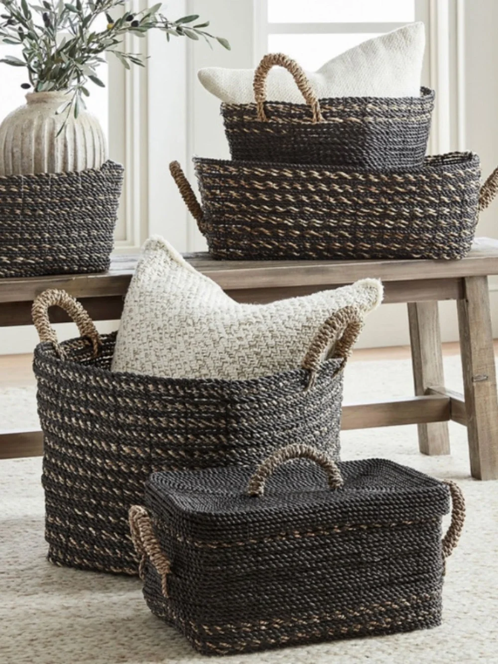 Pottery Barn Set/2 Black Woven Wicker Storage Baskets with Lids